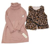 Nové - 2set - Růžové žebrované svetrové šaty s rolákem + vzorovaná kožešinová vesta Rachel Zoe