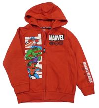 Červená propínací mikina s hrdiny a kapucí Marvel