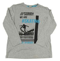 Sivé melírované tričko so skateboardistou a nápismi Y.F.K.