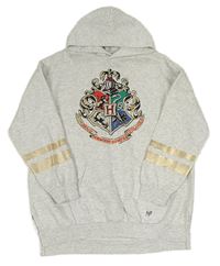 Světlešedá melírovaná mikina s erbem - Harry Potter a kapsou a zlatými pruhy a kapucí H&M