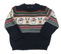 Tmavomodro-bielo-červeno-tmavozelený vianočný sveter so Santy a sobmi a vzorom PRIMARK