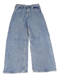 Světlemodré šisované wide leg high waist rifle s kamínky H&M