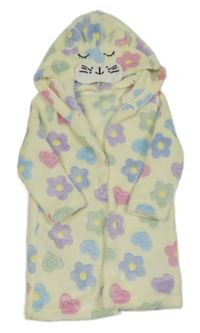 Vanilkový plyšový župan s barevnými květy a srdíčky a kapucí s čumáčkem SHEIN