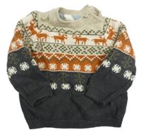 Béžovo-tehlovo-tmavosivý vzorovaný sveter so vzorom a vločkami HEMA