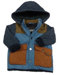 Modrošedo-hnědo-medovo-tmavomodrá prošívaná šusťáková zateplená bunda s kapucí Next