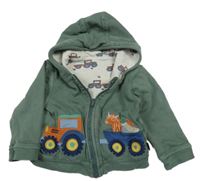 Khaki propínací podšitá oboustranná mikina s traktorem a zvířátky a kapucí Jojo Maman Bébé