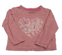 Starorůžové triko se srdíčkem s motýlky a nápisem PRIMARK