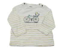 Bielo-okrové pruhované tričko s bicyklom a mačičkou a nápismi ORCHESTRA