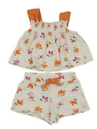 2Set - Smetanovo-oranžový mačkaný top s kytičkami + kraťasy s mašlí mayoral