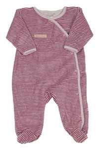 Tmavorůžovo-svetloružový pruhovaný zamatový overal s nášivkou Bébé Cool