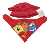 Nové - 2Set - Červená sametová čepice s nápisem Tu + froté šátek s MR. MEN 
