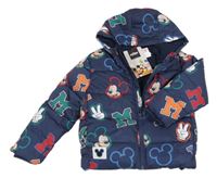 Nové - tmavomodrá prošívaná šusťáková zimní bunda s Mickey a kapucí PRIMARK