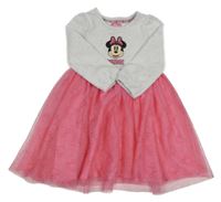 Bílo/světlepudrovo-ružové sametovo/tylové šaty s Minnie a trblietkami PRIMARK