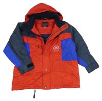 Červeno-tmavomodro-modrá šusťáková zateplená bunda s kapucí