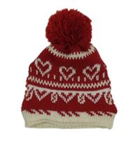 Červeno-smotanová vzorovaná pletená čapica s bambulí pro psa