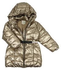 Zlatá lesklá šusťáková zimní bunda s páskem a kapucí