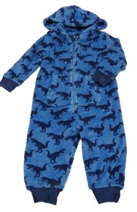 Modrá chlupatá kombinéza s dinosaury a kapucí Next