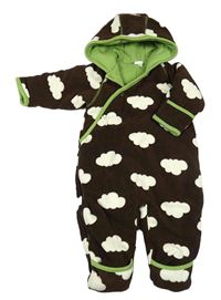 Hnedá fleecová zateplená kombinéza s mraky a kapucňou