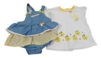 Nové - 2set - Modré riflové šaty s květinami s všitým body + bílé tričko s květinami