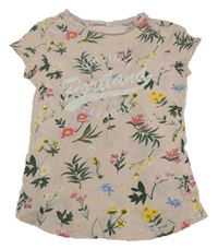 Světlerůžové květované tričko s nápisem H&M