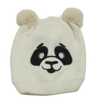 Smetanová pletená čepice s bambulemi a pandou 