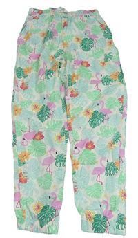 Bielo-zelené voľné é nohavice s plameňáky H&M