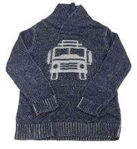 Tmavomodrý melírovaný sveter s autom Topolino