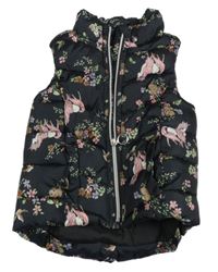 Čierna šušťáková kvetovaná zateplená vesta s jednorožcami zn. H&M