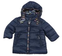 Tmavomodrá šušťáková zimná bunda s nápismi a kapucňou Primark