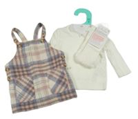 Nové - 3set - Bílé žebrované triko + bílé punčocháče + bílo-šero-růžovo-fialové kostkované laclové vlněné šaty Primark