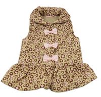 Béžovo-ružovo-hnedá šušťáková zateplená vesta s leopardím vzorom a mašľami