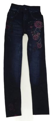 Tmavomodré zateplené legíny riflového vzhledu s květy a kamínky 