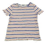 Bílo-modro-červeno-růžové pruhované žebrované tričko H&M