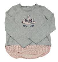 Sivo-ružové úpletové tričko s jednorožcom a čipkou Yigga