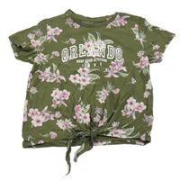 Khaki-lila kvetované crop tričko s nápisom C&A