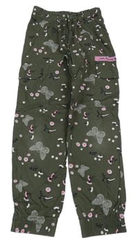 Khaki kvetované plátenné cargo cuff nohavice Kids