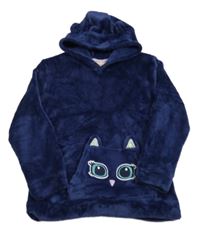 Tmavomodrá chlupatá mikina se sovičkou a kapucí kids