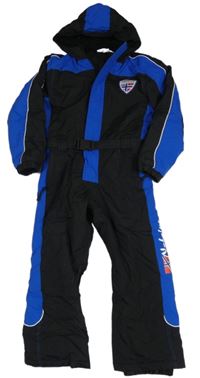 Černo-modrá šusťáková zimní kombinéza s nášivkou a kapucí Nebulus