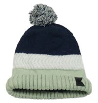 Tmavomodro-bílo-zelená pletená čepice s bambulí