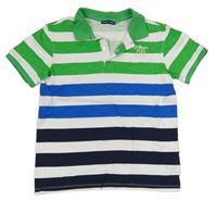 Bílo-zeleno-modré pruhované polo tričko s nápisem 