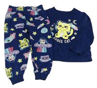 Tmavomodré plyšové pyžama s mačkou zn. Primark