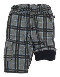 Sivo-modré kockované plátenné podšité nohavice s vreckami