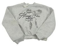 Nové - svetlosivá melírovaná mikina s mašlí z flitrů a nápismi RIVER ISLAND