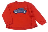 Červená mikina s autom s kamienkami a volánikmi