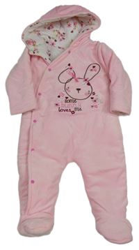Světlerůžová sametová zateplená kombinéza se zajíčkem a kapucí Pitter Patter 