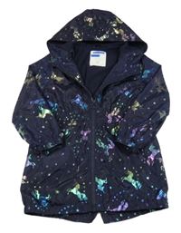 Tmavomodrá šusťáková jarní parka s jednorožci a kapucí Matalan