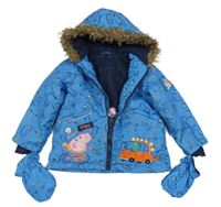Modrá šusťáková zimní bunda s Tomíkem a kapucí + rukavice Nutmeg