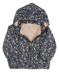 Tmavomodrá šušťáková jarná bunda s kvietkami a odopínacíá kapucňou H&M