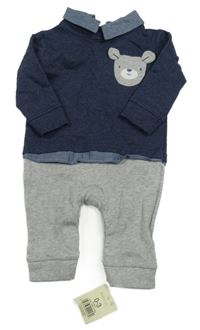 Nové - Tmavomodro-šedý overal s medvídkem a límečkem George 