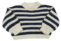 Tmavomodro-biely pruhovaný žinylkový oversize sveter Topolino